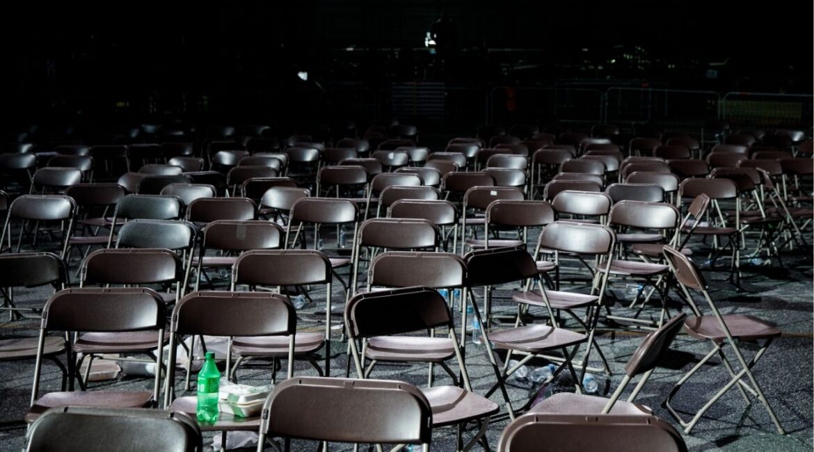Empty chairs at a rally for Republican Senate candidates before two key run-offs, that was attended by President Donald Trump in the last months of his first term, in Valdosta, Ga., on Dec. 5, 2020. (Damon Winter/The New York Times)