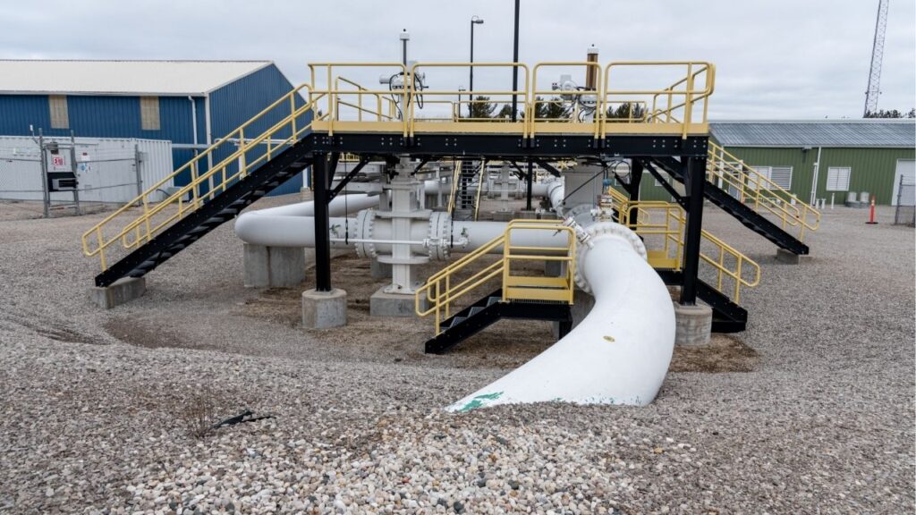 Enbridge’s Line 5 pipeline near the Straits of Mackinac, Mich., March 15, 2024. The Supreme Court unanimously sided with Michigan officials on April 22, 2026, in a dispute over the future of a petroleum pipeline snaking beneath a waterway that connects two of the Great Lakes. (Cydni Elledge/The New York Times)