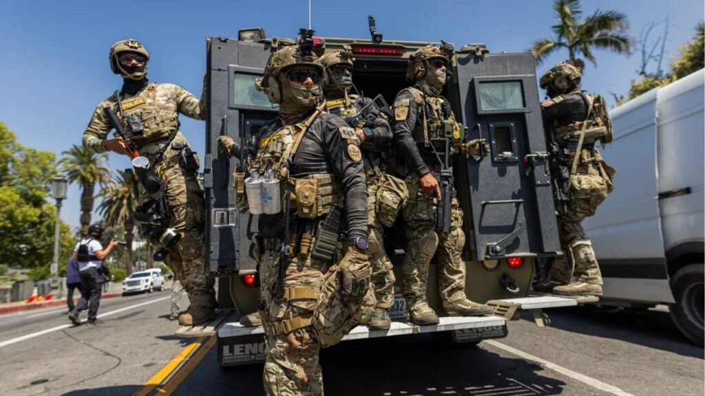 Federal agents descend on MacArthur Park in Los Angeles on July 7, 2025. Photo by J.W. Hendricks for CalMatters