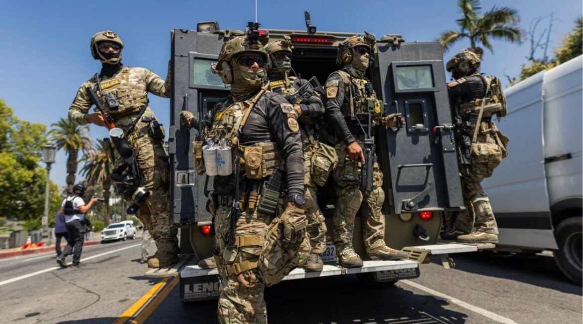 Federal agents descend on MacArthur Park in Los Angeles on July 7, 2025. Photo by J.W. Hendricks for CalMatters