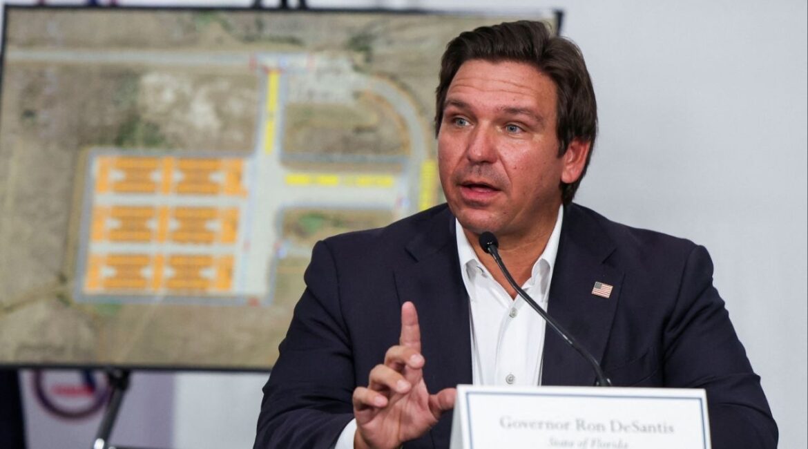 Florida Governor Ron DeSantis visits a temporary migrant detention center informally known as "Alligator Alcatraz" in Ochopee, Florida, U.S., July 1, 2025. (Reuters/Evelyn Hockstein)