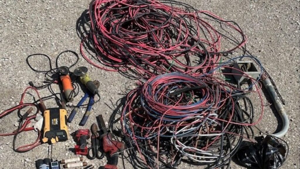 Four people were arrested in Bakersfield Wednesday, April 1, 2026, during a search warrant tied to a copper wire theft investigation, with deputies recovering 200 pounds of stolen wire, burglary tools, and an illegal marijuana grow. (Kern County SO)