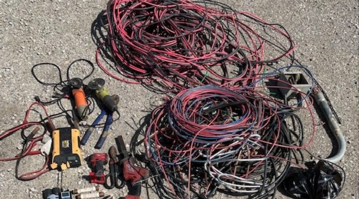 Four people were arrested in Bakersfield Wednesday, April 1, 2026, during a search warrant tied to a copper wire theft investigation, with deputies recovering 200 pounds of stolen wire, burglary tools, and an illegal marijuana grow. (Kern County SO)