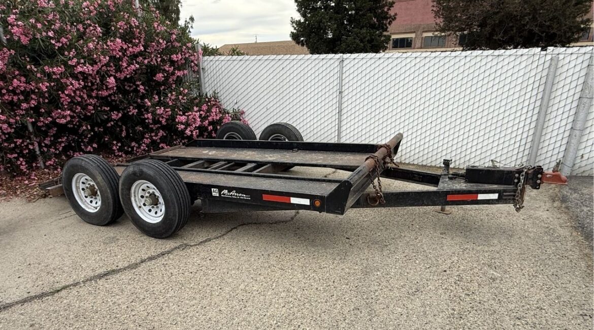 Fresno County authorities are seeking the owner of a stolen agricultural trailer recovered in the Sanger or Selma area, identifiable by modified axle arms and new tires. (Fresno County SO)
