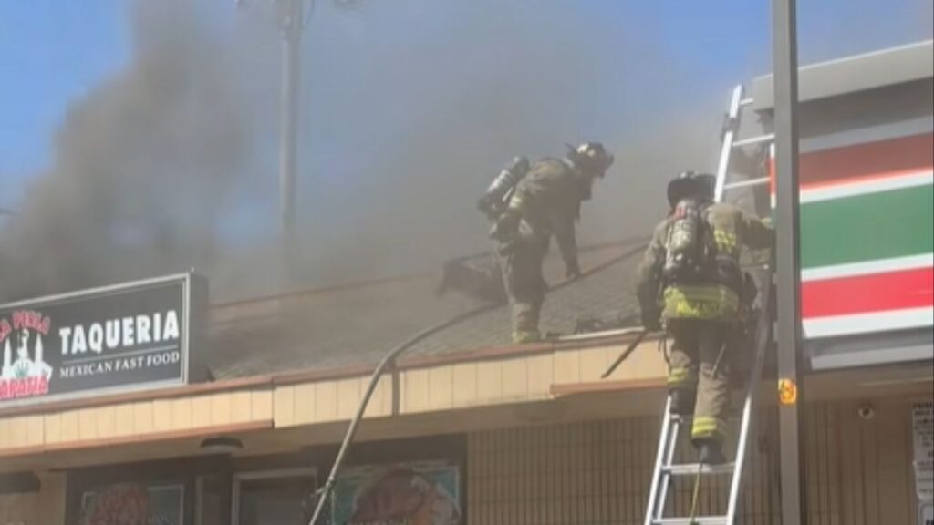 Fresno firefighters contained a third-alarm blaze Thursday, April 2, 2026, at a strip mall on East Ashlan Avenue, damaging three businesses but causing no injuries. (Fresno FD)