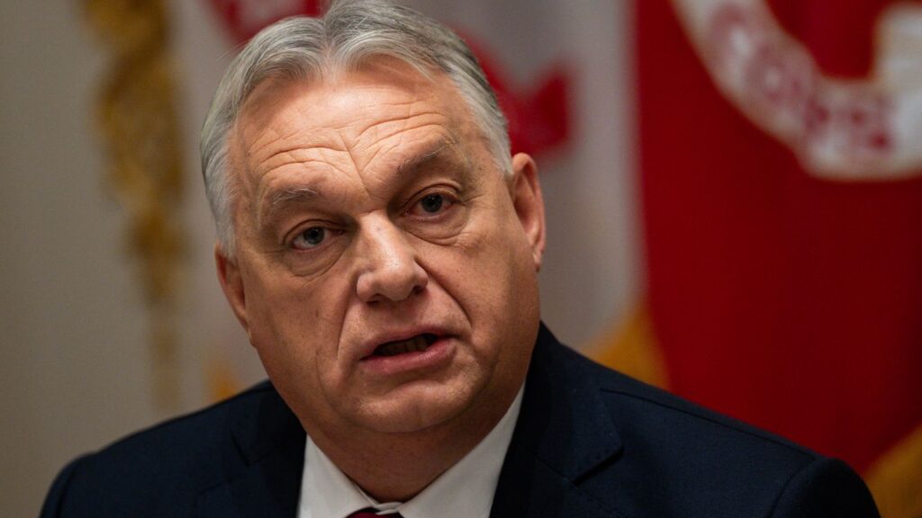 Image of Prime Minister Viktor Orban of Hungary. He's in a dark suit with a white shirt and red tie