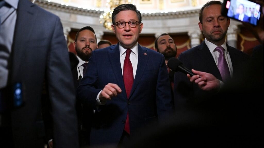 House Speaker Mike Johnson (R-La.) speaks to reporters as he walks at the U.S. Capitol in Washington, April 22, 2026. Johnson has faced increasing pressure from rank-and-file House members and senators of both parties to bring the shutdown to an end. (Kenny Holston/The New York Times)