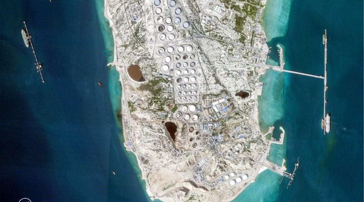In an image provided by Planet Labs, part of Kharg Island, Iran’s oil export hub, before U.S. and Israeli strikes. The United States launched a series of more than 90 strikes on Kharg Island, early on Tuesday, April 7, 2026. (Planet Labs via The New York Times)