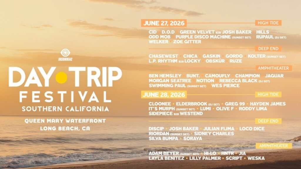 Insomniac has announced the 2026 Day Trip Festival lineup in Long Beach, featuring headliners Cloonee, Odd Mob and GORDO, with tickets going on sale Friday, April 24, 2026. (Insomniac)