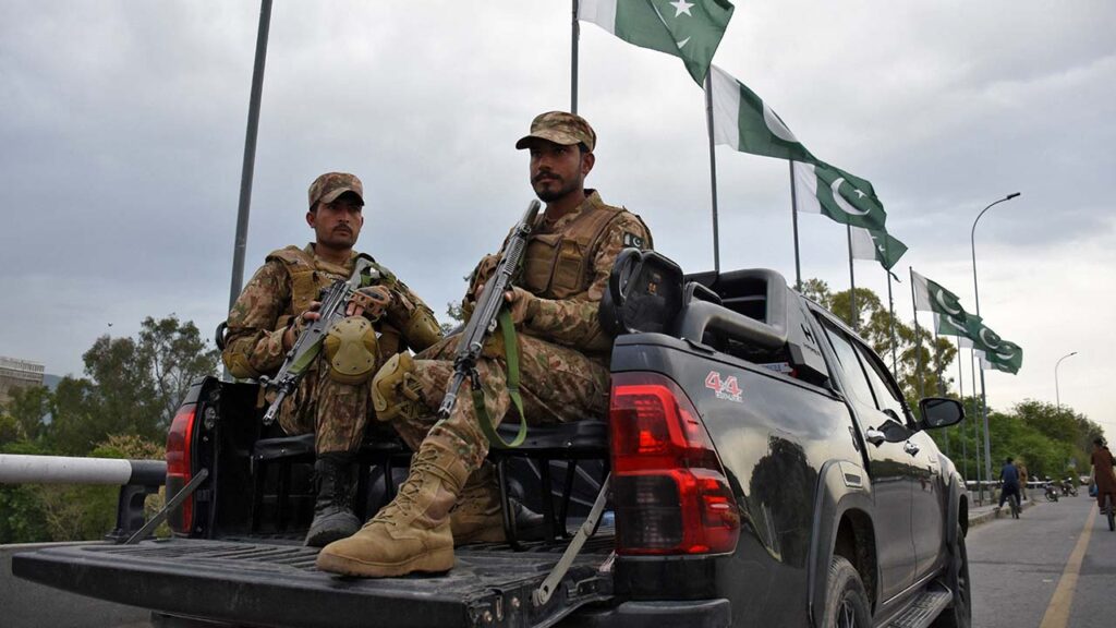 Army soldiers patrol a road as Pakistan prepares to host U.S. and Iran for the second round of peace talks in Islamabad, Pakistan, April 24, 2026. (Reuters/Waseem Khan)