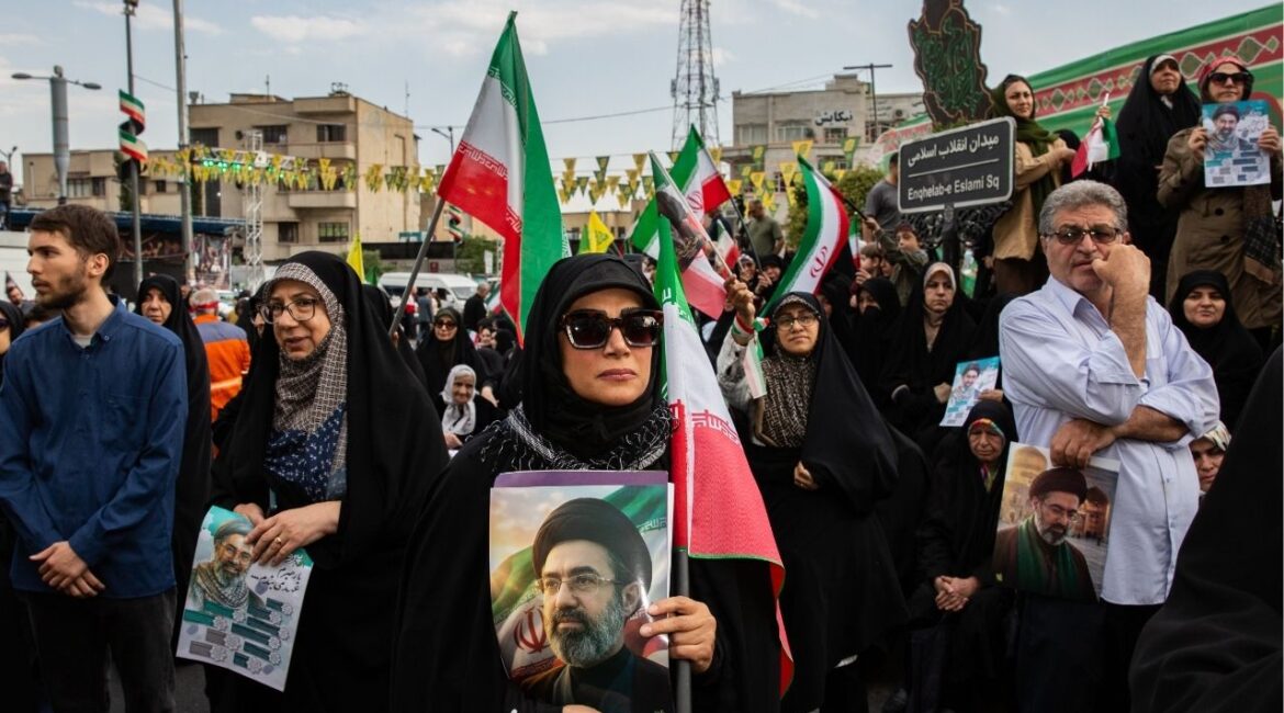 Iranians hold photos of the country’s supreme leader, Ayatollah Mojtaba Khamenei, at a government-organized march in Tehran on Wednesday, April 29, 2026. Khamenei issued a rare statementt.me on Thursday saying that the United States had no place in the future of the Persian Gulf region and making clear that his country planned to manage the strategic Strait of Hormuz waterway going forward. (Arash Khamooshi/The New York Times)..