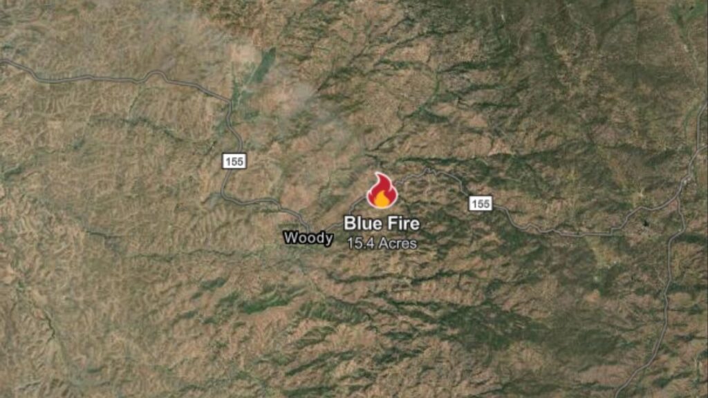 Kern County firefighters are battling the uncontained Blue Fire on Monday, April 6, 2026, which has burned 15 acres near Highway 155 west of Blue Mountain Road, with the cause still under investigation. (CalFire)