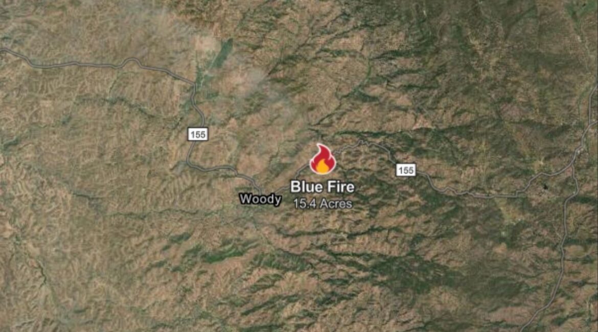 Kern County firefighters are battling the uncontained Blue Fire on Monday, April 6, 2026, which has burned 15 acres near Highway 155 west of Blue Mountain Road, with the cause still under investigation. (CalFire)