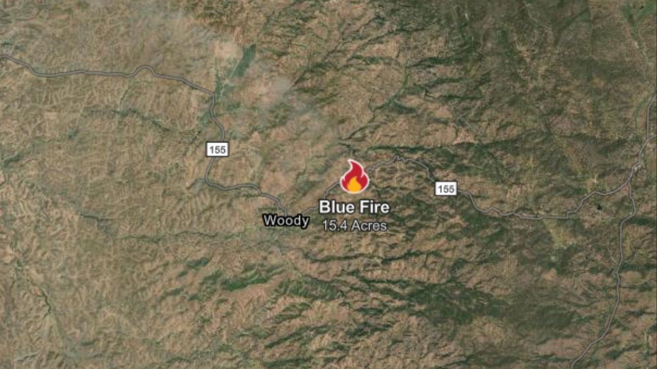 Kern County firefighters are battling the uncontained Blue Fire on Monday, April 6, 2026, which has burned 15 acres near Highway 155 west of Blue Mountain Road, with the cause still under investigation. (CalFire)