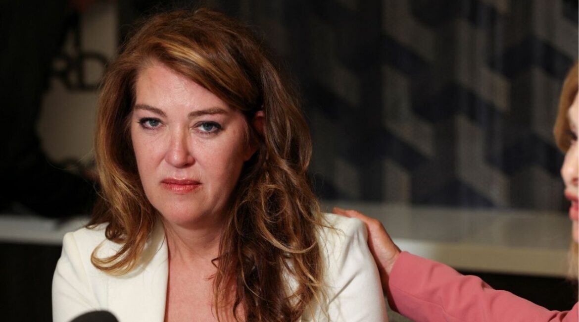 Lonna Drewes, a woman with sexual misconduct allegations against U.S. Rep. Eric Swalwell, holds a press conference with her attorneys Lisa Bloom and Arick Fudali, in Beverly Hills, California, U.S. April 14, 2026. (Reuters/Jill Connelly)