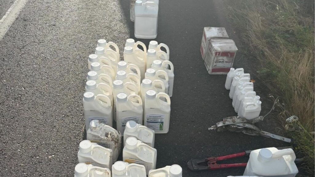 Madera County authorities arrested a suspect after a vehicle stuck in mud led deputies to suspected stolen agricultural chemicals and methamphetamine during an investigation near Road 32 and Avenue 12. (Madera County SO)