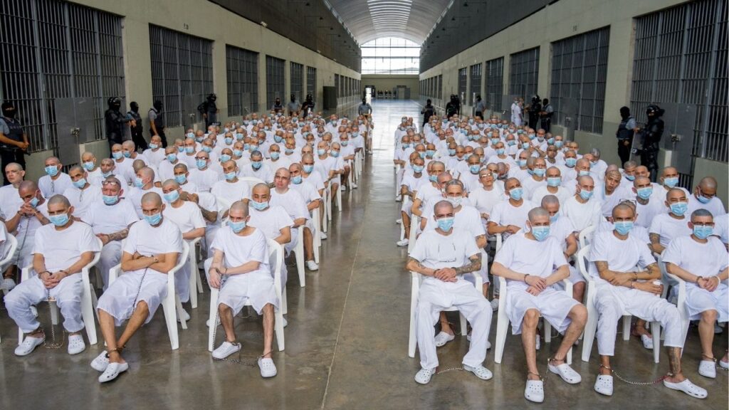 Members of Mara Salvatrucha, also known as MS-13 gang, attend an open hearing by El Salvador prosecutors against 486 members of the gang, who are accused of more than 47,000 crimes committed between 2012 and 2022, according to a statement from the Attorney General's Office, at the Terrorism Confinement Center (CECOT) in Tecoluca, El Salvador, April 20, 2026. Attorney General's Office of El Salvador/Handout via REUTERS