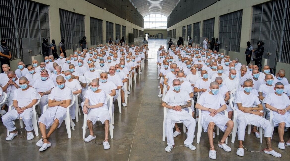 Members of Mara Salvatrucha, also known as MS-13 gang, attend an open hearing by El Salvador prosecutors against 486 members of the gang, who are accused of more than 47,000 crimes committed between 2012 and 2022, according to a statement from the Attorney General's Office, at the Terrorism Confinement Center (CECOT) in Tecoluca, El Salvador, April 20, 2026. Attorney General's Office of El Salvador/Handout via REUTERS