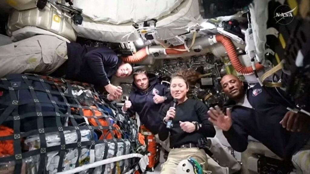NASA Artemis II crew members Jeremy Hansen, Reid Wiseman, Christina Koch, and Victor Glover answer questions from reporters during the first downlink event of their mission April 2, 2026. (NASA TV/Handout via Reuters)