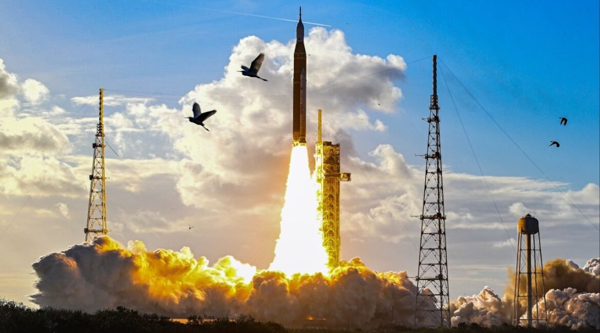 NASA’s Space Launch System (SLS) rocket, carrying the crew of the Artemis II mission, lifts off from the launchpad at the Kennedy Space Center in Florida on Wednesday, April 1, 2026. The crew of four — three Americans and one Canadian — reached space on Wednesday on the first crewed journey to the moon since 1972. (Kenny Holston/The New York Times)