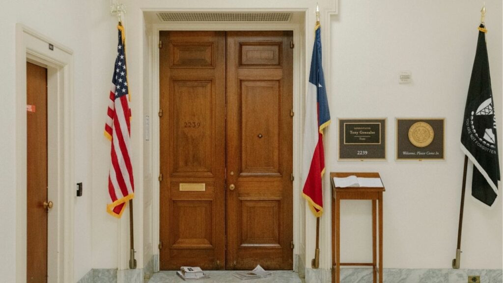 Newspapers in front of former Rep. Tony Gonzales’ office at the Canon House Office Building in Washington, on Tuesday, April 14, 2026. Aides to Govs. Greg Abbott of Texas and Gavin Newsom of California are weighing whether to call quick elections to replace Gonzales and Eric Swalwell, respectively, House members accused of sexual misconduct. (Caroline Gutman/The New York Times)