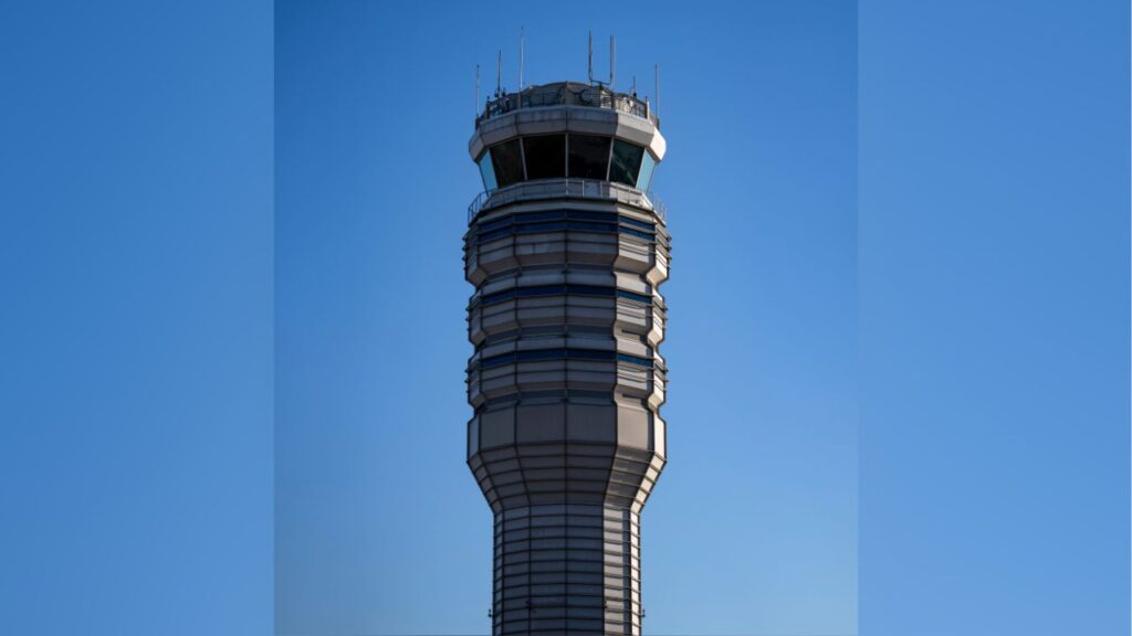 The air traffic control tower at Ronald Reagan National Airport in Arlington, Va., Jan. 21, 2026. The Federal Aviation Administration said that it was investigating the interaction of pilots who meowed over the radio, and that pilots were banned from “nonessential communication” below a certain altitude. (Kent Nishimura/The New York Times)