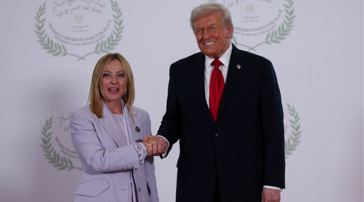 President Donald Trump and Italian Prime Minister Giorgia Meloni in Sharm el-Sheikh, Egypt, October 13, 2025. (Reuters File)