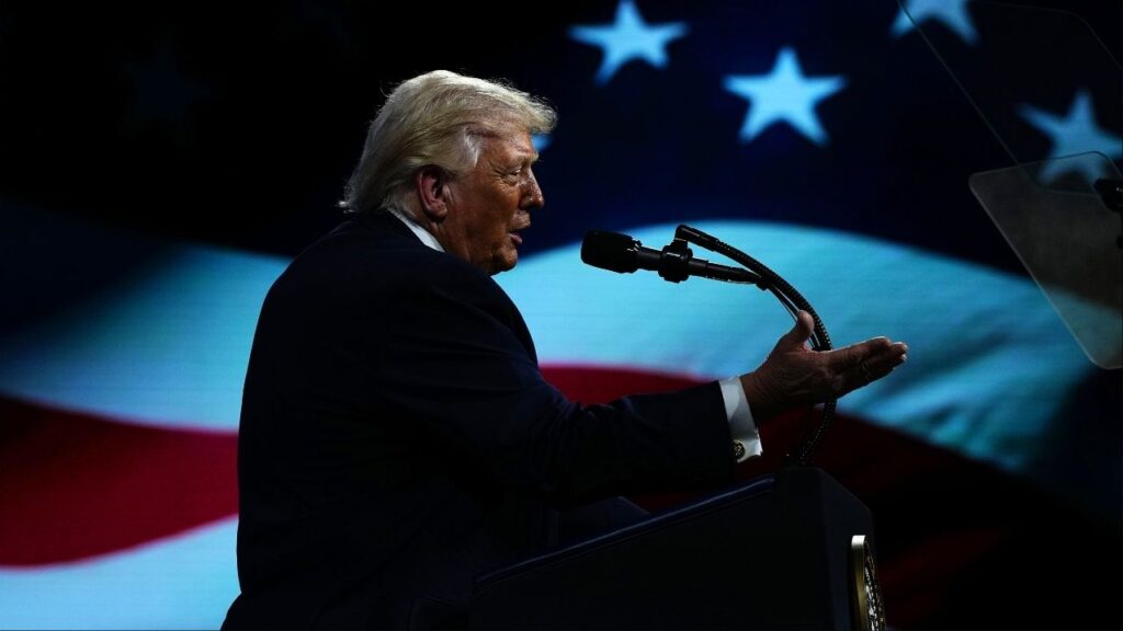President Donald Trump delivers remarks at the Future Investment Initiative Institute’s Summit at the Faena Forum in Miami Beach, Fla., on March 27, 2026. The president said he would bomb Iran “back to the Stone Ages.” Until this administration, American leaders had insisted they were trying to follow international law in war. (Tierney L. Cross/The New York Times)