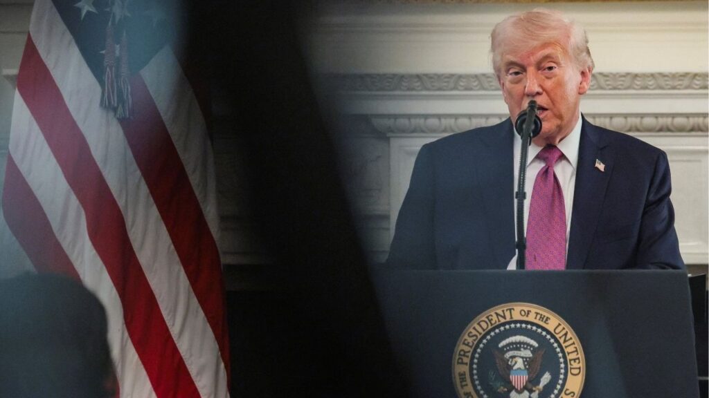 President Donald Trump delivers remarks to NCAA Collegiate National Champions in the State Dining Room at the White House in Washington, D.C., U.S., April 21, 2026. (Reuters/Kylie Cooper)