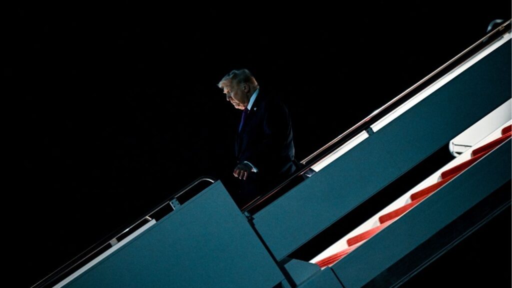 President Donald Trump disembarks Air Force One at Joint Base Andrews in Maryland, April 17, 2026. The Trump administration is set to take its first steps toward returning more than $166 billion collected from tariffs that were struck down in February. (Kenny Holston/The New York Times)