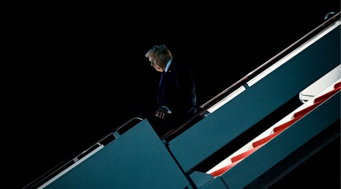 President Donald Trump disembarks Air Force One at Joint Base Andrews in Maryland, April 17, 2026. The Trump administration is set to take its first steps toward returning more than $166 billion collected from tariffs that were struck down in February. (Kenny Holston/The New York Times)