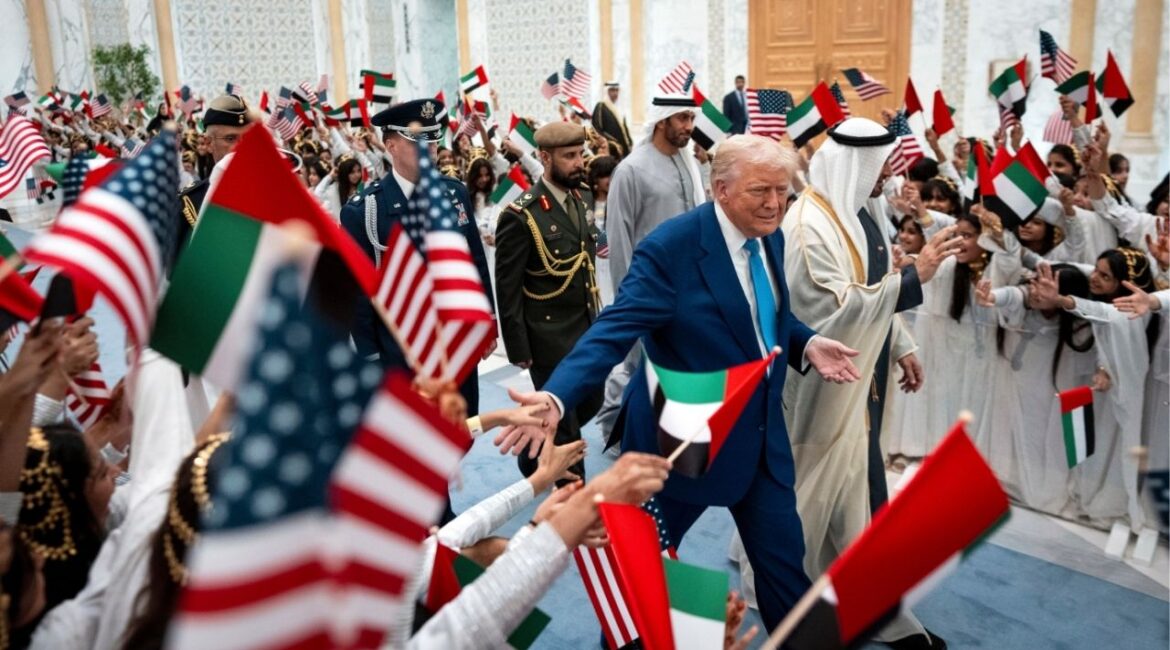 President Donald Trump is greeted by well-wishers are he arrives at Qasr Al Watan, the presidential palace of the United Arab Emirates, in Abu Dhabi on May 15, 2025. Trump said on April 21, 2026 that the United States was considering offering financial support to the United Arab Emirates as it contends with economic fallout from the war in Iran. (Doug Mills/The New York Times)