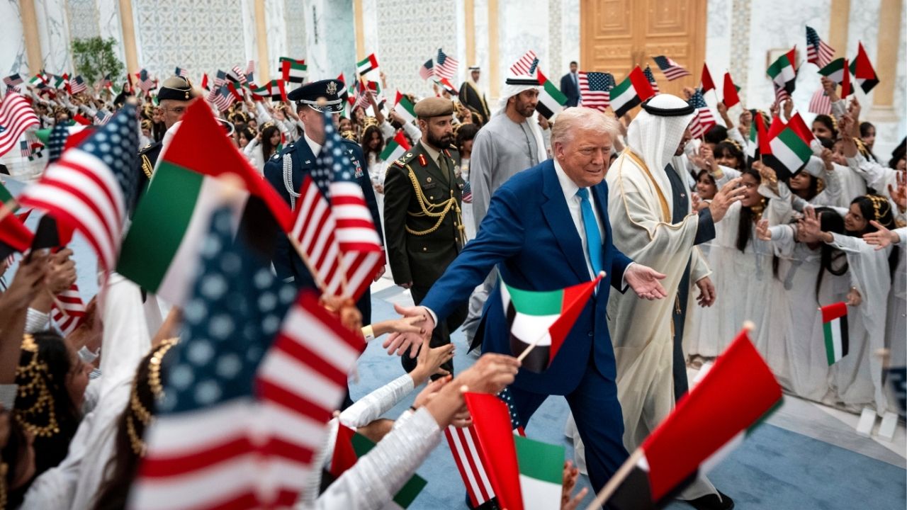 President Donald Trump is greeted by well-wishers are he arrives at Qasr Al Watan, the presidential palace of the United Arab Emirates, in Abu Dhabi on May 15, 2025. Trump said on April 21, 2026 that the United States was considering offering financial support to the United Arab Emirates as it contends with economic fallout from the war in Iran. (Doug Mills/The New York Times)