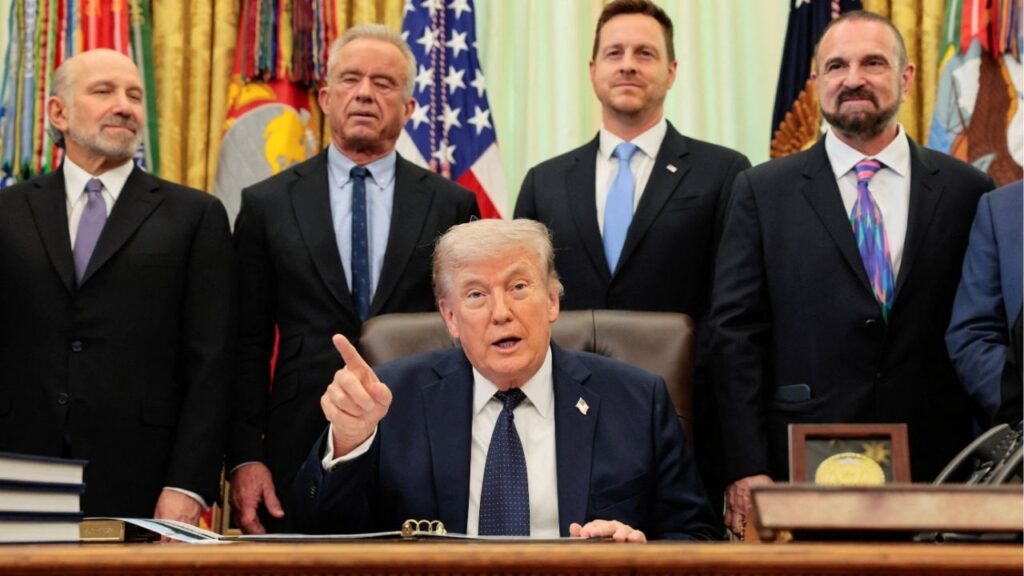 President Donald Trump points a finger as he participates in a healthcare affordability event in the Oval Office at the White House in Washington, D.C., U.S., April 23, 2026. (Reuters/Kylie Cooper)