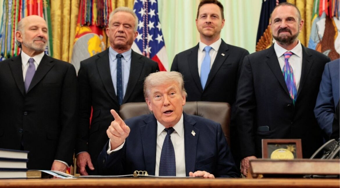 President Donald Trump points a finger as he participates in a healthcare affordability event in the Oval Office at the White House in Washington, D.C., U.S., April 23, 2026. (Reuters/Kylie Cooper)