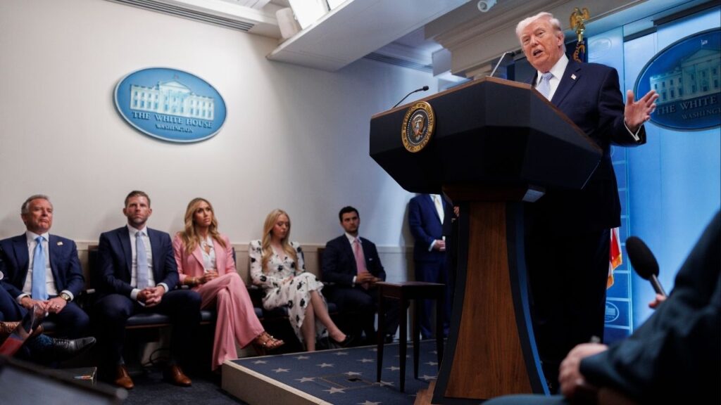 President Donald Trump speaks during a news conference at the White House in Washington, on Monday, April 6, 2026. President Trump presented new details of the rescue of an American airman over the weekend in cinematic terms at a news conference on Monday. (Tom Brenner/The New York Times)