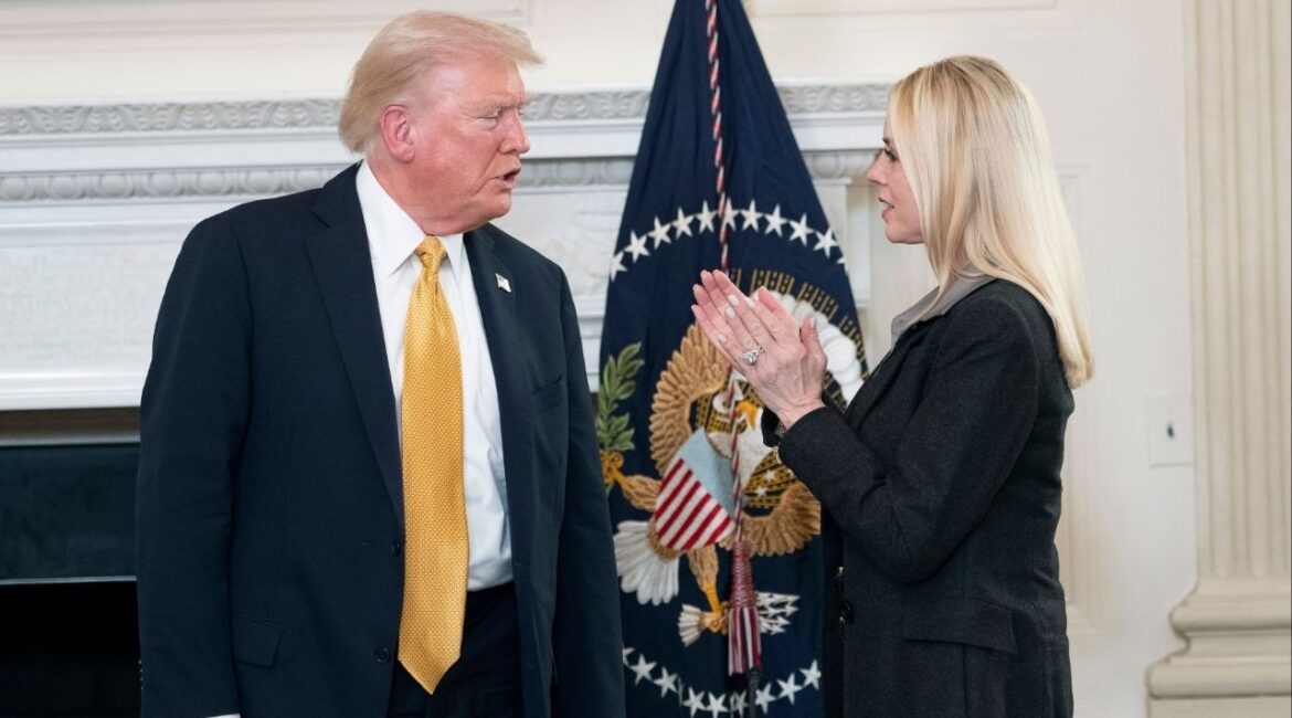 President Donald Trump speaks with Attorney General Pam Bondi after a roundtable talk regarding the Trump administration’s efforts to thwart drug cartels and human trafficking, in the State Dining Room of the White House in Washington, Oct, 23, 2025. Bondi had a series of missteps and messaging failures, particularly in her handling of the release of the files from the Jeffrey Epstein investigation. (Doug Mills/The New York Times)