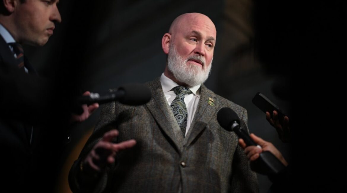 Rep. Derrick Van Orden, (R-W.I.) takes questions from the press at the U.S. Capitol, in Washington, Jan. 8, 2026. A new ad campaign from a Democratic-aligned group is slamming a vulnerable Republican congressman over his support for the war in Iran, a sign that Democrats view the conflict as a political liability for Republicans in the midterm elections. (Kenny Holston/The New York Times)