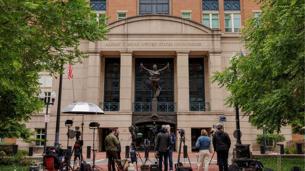 Reporters gather outside of the Albert V. Bryan U.S. Courthouse, where James Comey was to surrender himself, in Alexandria, Va., on Wednesday, April 29, 2026. Comey, the former FBI director, made his first court appearance on Wednesday after being charged over a photograph of seashells he had posted on social media that the Justice Department branded a serious threat to President Trump. (Jason Andrew/The New York Times)