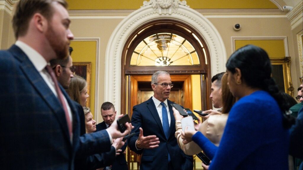 Senate Majority Leader John Thune (R-S.D.) speaks to reporters at the Capitol on Thursday morning, April 2, 2026. The Senate on Thursday sent a bipartisan funding deal to reopen the Department of Homeland Security back to the House, which convened for a two-minute session and took no action to pass it. (Tierney L. Cross/The New York Times)