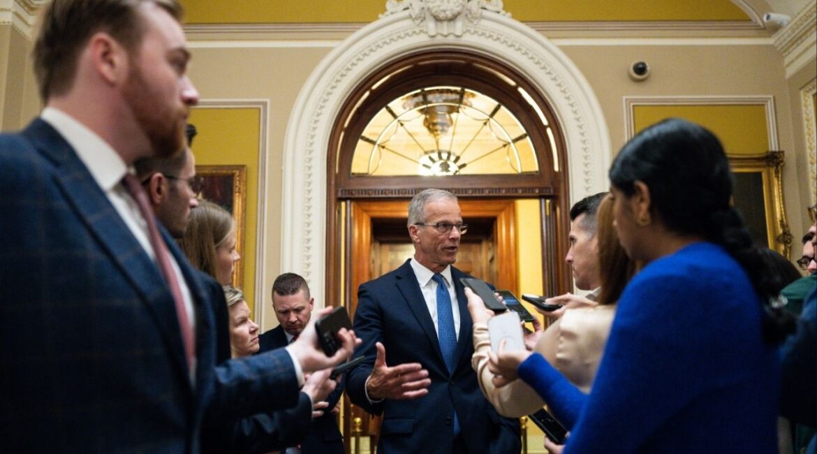 Senate Majority Leader John Thune (R-S.D.) speaks to reporters at the Capitol on Thursday morning, April 2, 2026. The Senate on Thursday sent a bipartisan funding deal to reopen the Department of Homeland Security back to the House, which convened for a two-minute session and took no action to pass it. (Tierney L. Cross/The New York Times)