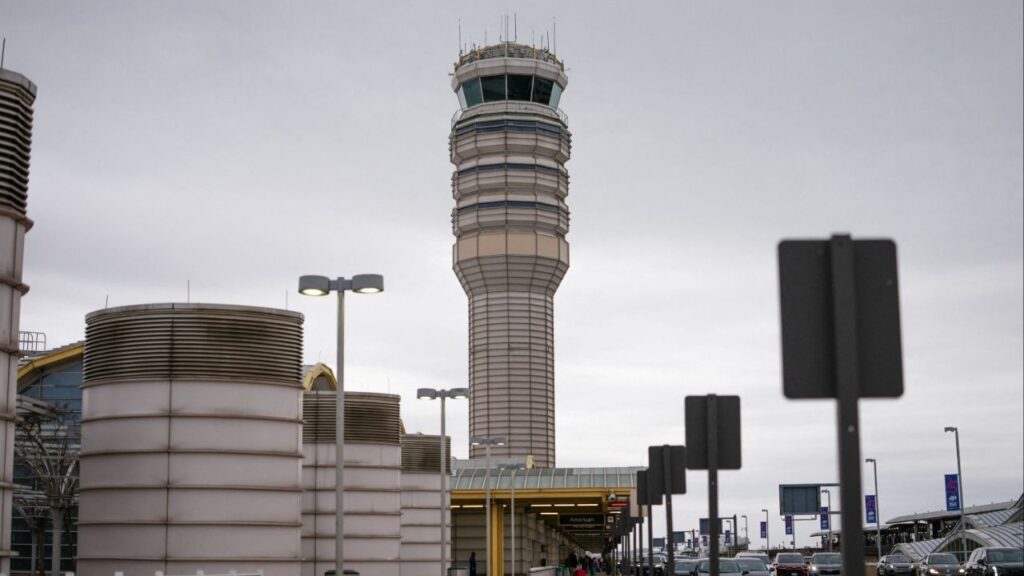 The Air Traffic Control tower at Ronald Reagan International Airport in Arlington, Virginia., U.S., March 15, 2026. (Reuters/Aaron Schwartz)