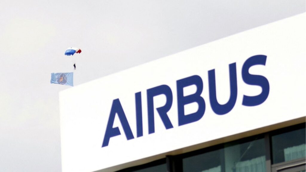 The Airbus logo at the company's pavilion during the 55th edition of the International Paris Air Show at the Paris-Le Bourget Airport, in Le Bourget, near Paris, France, June 20, 2025. MOHAMMED BADRA/Pool via REUTERS