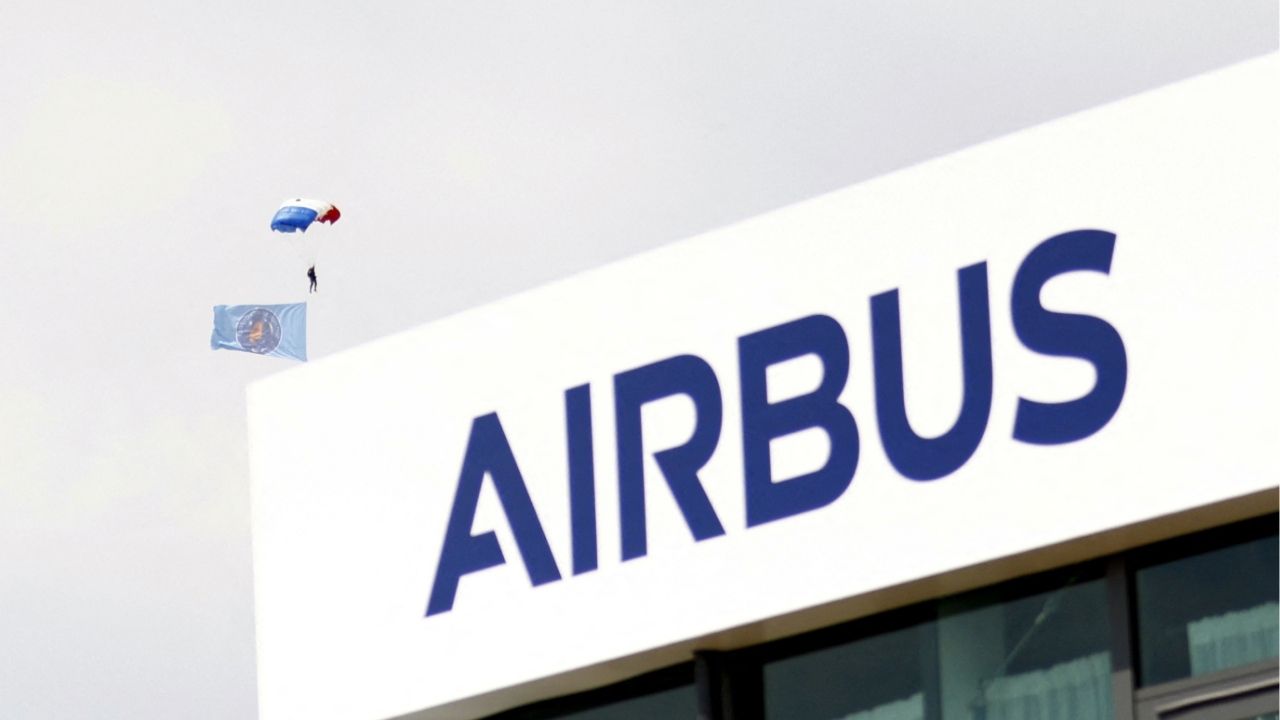 The Airbus logo at the company's pavilion during the 55th edition of the International Paris Air Show at the Paris-Le Bourget Airport, in Le Bourget, near Paris, France, June 20, 2025. MOHAMMED BADRA/Pool via REUTERS