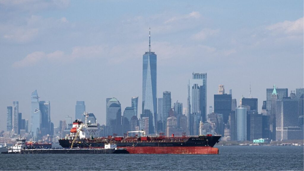 The Mtm Rotterdam, a chemical and oil tanker, sits anchored in New York harbor in New York City, U.S., April 14, 2026. (Reuters/Brendan McDermid)