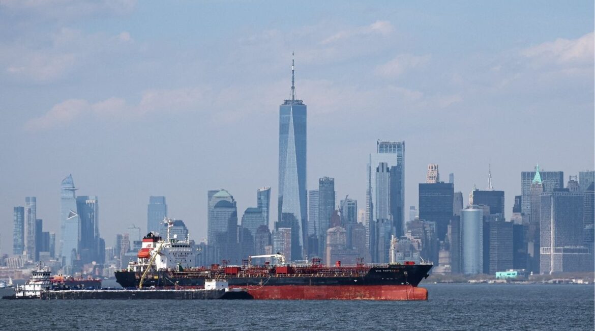 The Mtm Rotterdam, a chemical and oil tanker, sits anchored in New York harbor in New York City, U.S., April 14, 2026. (Reuters/Brendan McDermid)