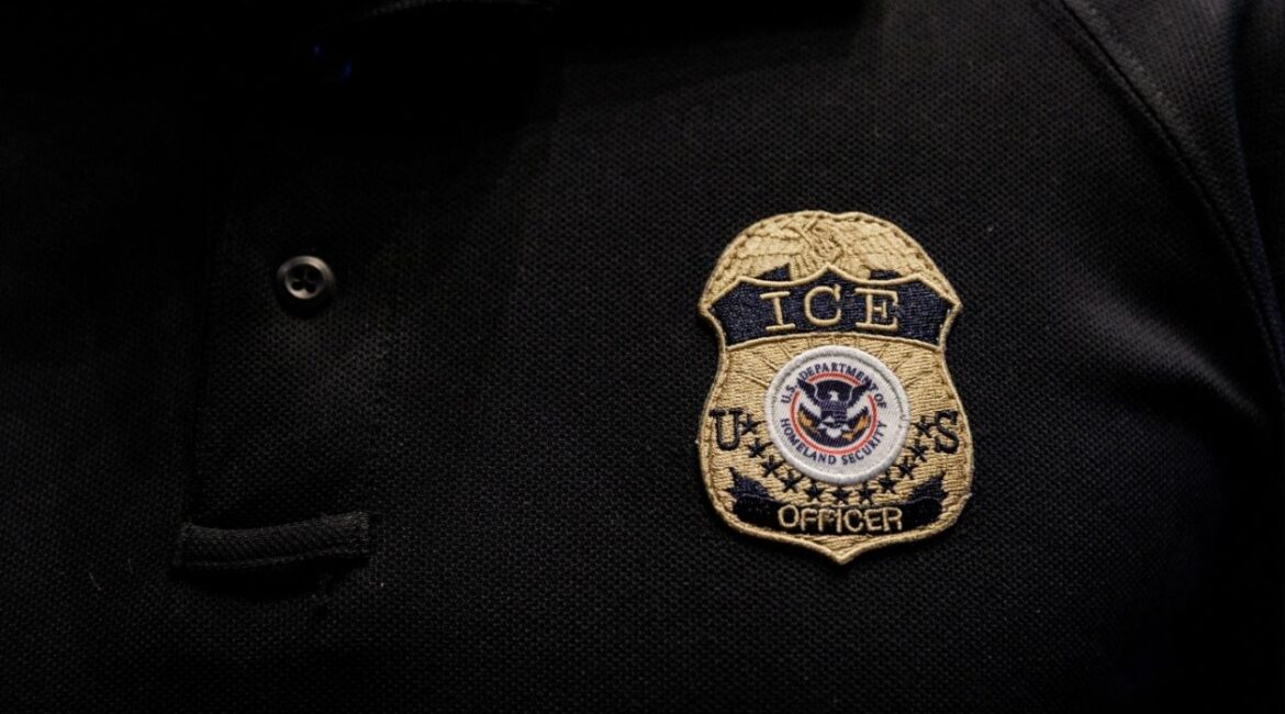 The badge of a U.S. Immigration and Customs Enforcement (ICE) is embroidered on a polo shirt of an ICE employee in Arlington, Texas, U.S. August 26, 2025. (Reuters File)