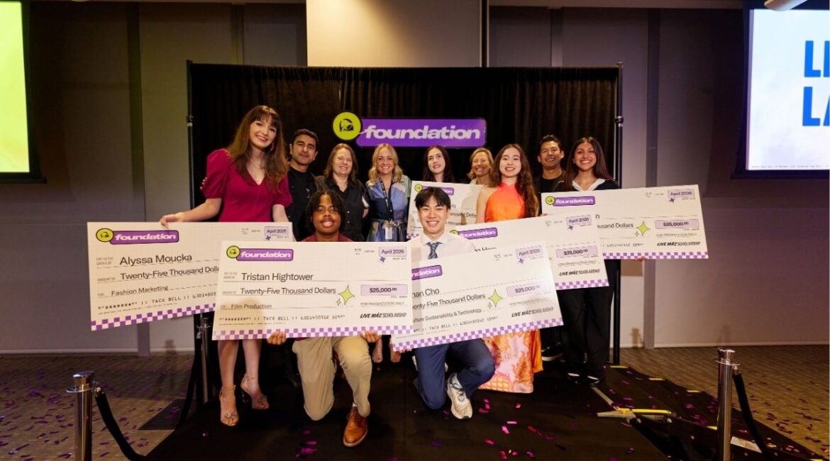 The debut of Live Más Lab brought six Live Más Scholarship applicants to Taco Bell HQ to pitch executives on ideas tackling real business challenges — and each walked away with a surprise $25,000 scholarship, the foundation announced Tuesday, April 21, 2026. (Taco Bell Foundation)