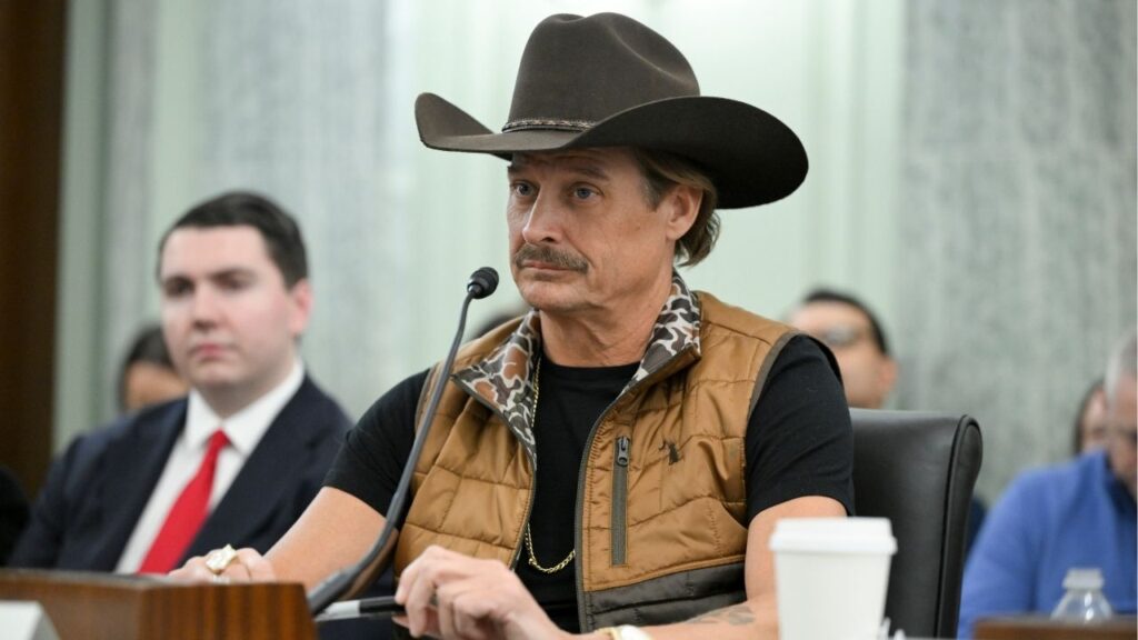 The musician and conservative culture figure Kid Rock testifies at a hearing regarding ticket prices, on Capitol Hill on Jan. 28, 2026. Defense Secretary Pete Hegseth and Kid Rock flew together in military helicopters on April 27, weeks after Hegseth shut down an Army investigation into a prior incident where military helicopters hovered outside the singer’s home in Nashville. (Kenny Holston/The New York Times)