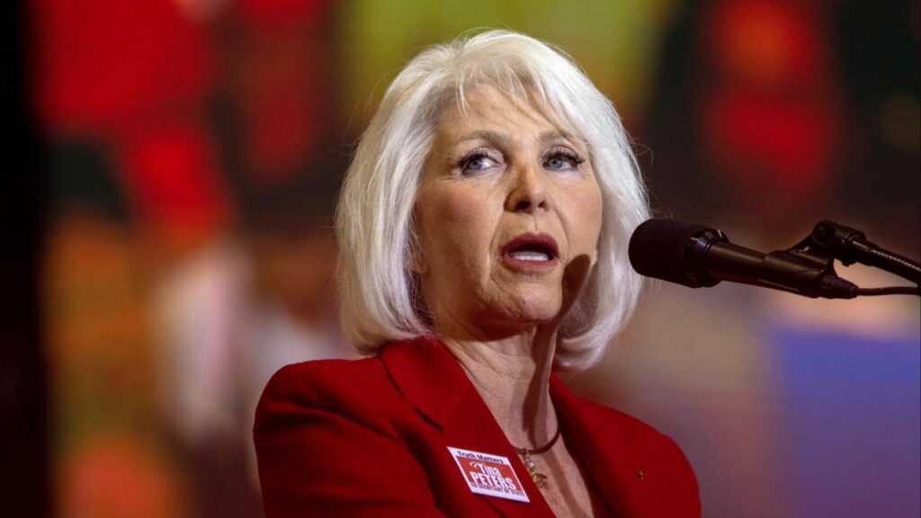 Tina Peters, the Mesa County, Colorado clerk who later received a nine-year sentence for tampering with voting machines, speaks at former President Donald Trump’s rally in Casper, Wyo., on May 28, 2022. A Colorado appeals court on April 2, 2026 overturned Peters’ sentence, but did not immediately free her from prison or overturn her underlying conviction. (Natalie Behring/The New York Times)